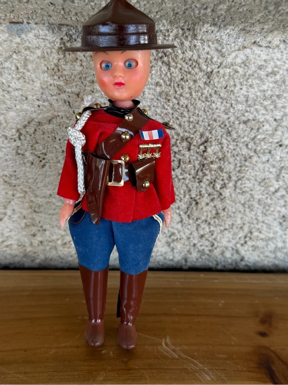 Vintage-Inspired Red Mountie Doll Toy with Blue Pants